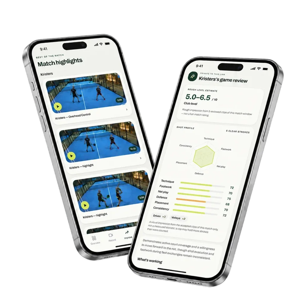 NetPlay app shown on two iPhones — shot analysis and match stats