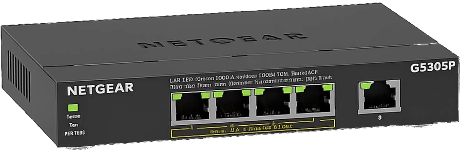 The NETGEAR PoE switch that powers the camera